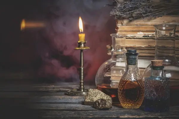 صورة تحتوي على شمعة وكتب وقارورة زجاجية ساحر لجلب الحبيب